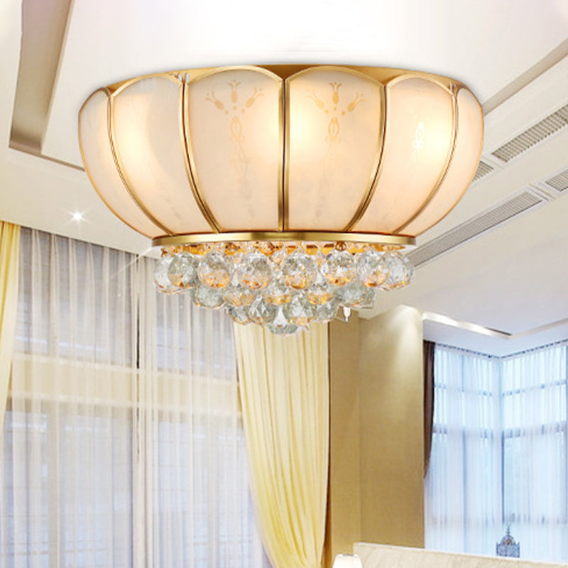 Traditional Bowl Shape Glass Flush Lamp 6 Lights White Ceiling Light Fixture with Crystal Ball