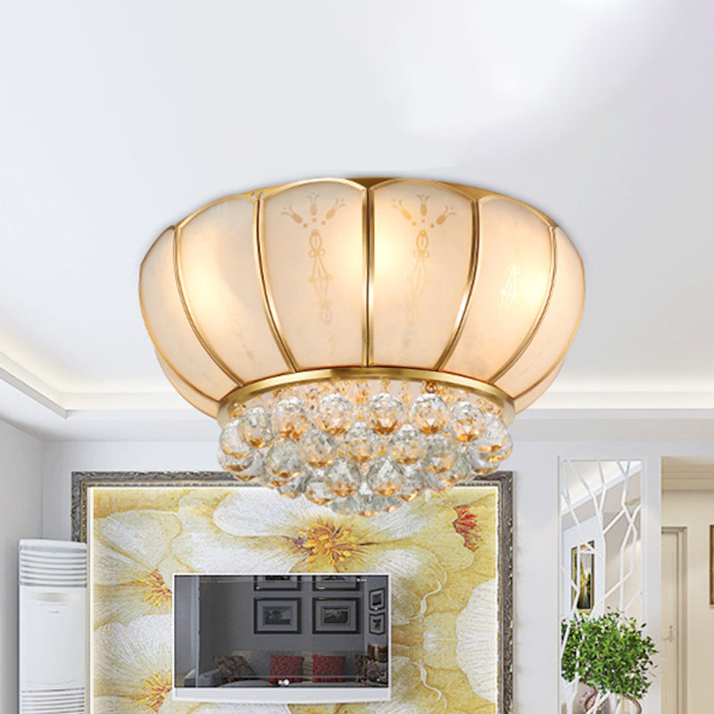 Traditional Bowl Shape Glass Flush Lamp 6 Lights White Ceiling Light Fixture with Crystal Ball