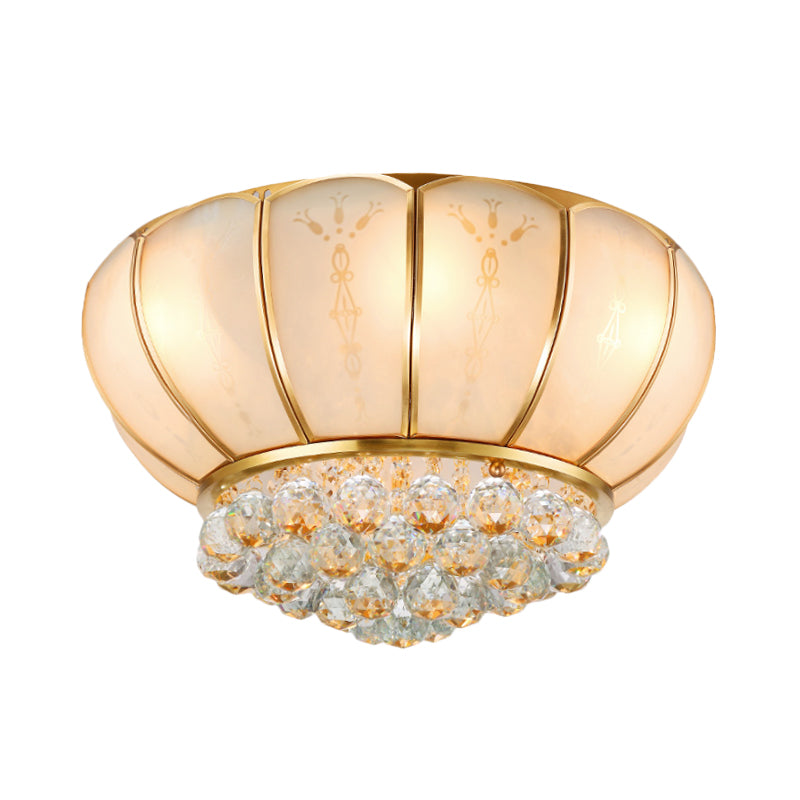 Traditional Bowl Shape Glass Flush Lamp 6 Lights White Ceiling Light Fixture with Crystal Ball