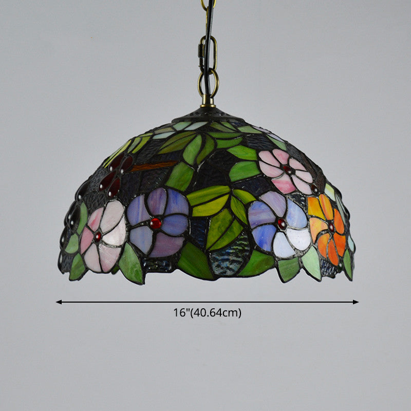 Bowl Pendant Light Tiffany-Style 1 Light Stained Glass Hanging Lamp in Green