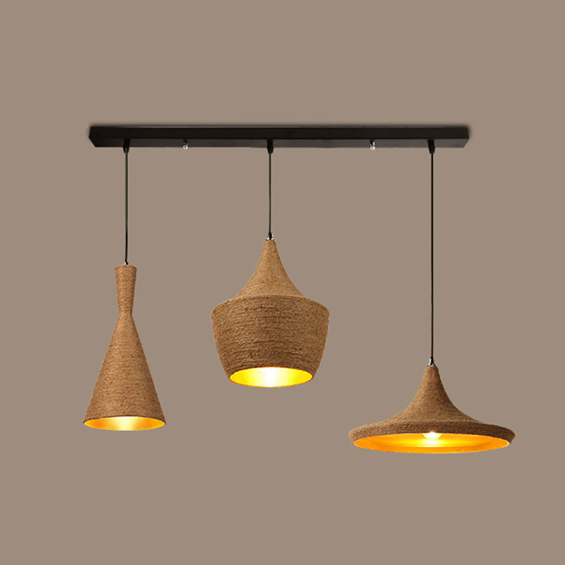 3 Light Beige Rope Pendant Light Retro Industrial Shade Hanging Lamp for Dining Room