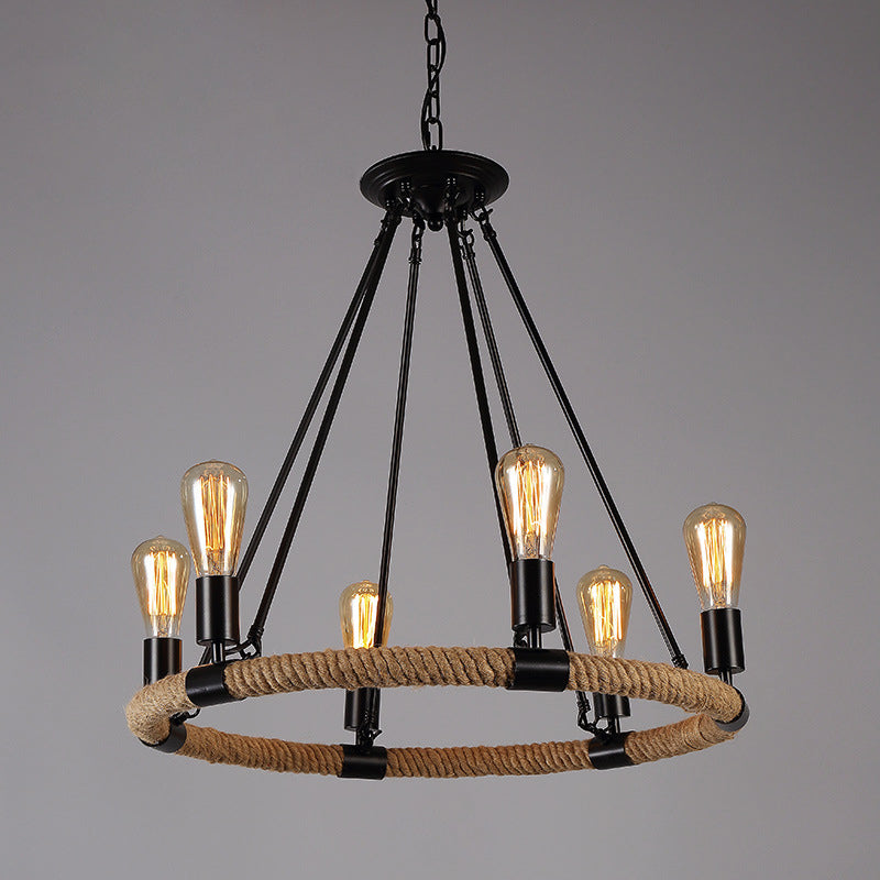 Black Metal Iron Frame Chandelier Retro Industrial Rope Circular Suspension Light for Dining Room Table