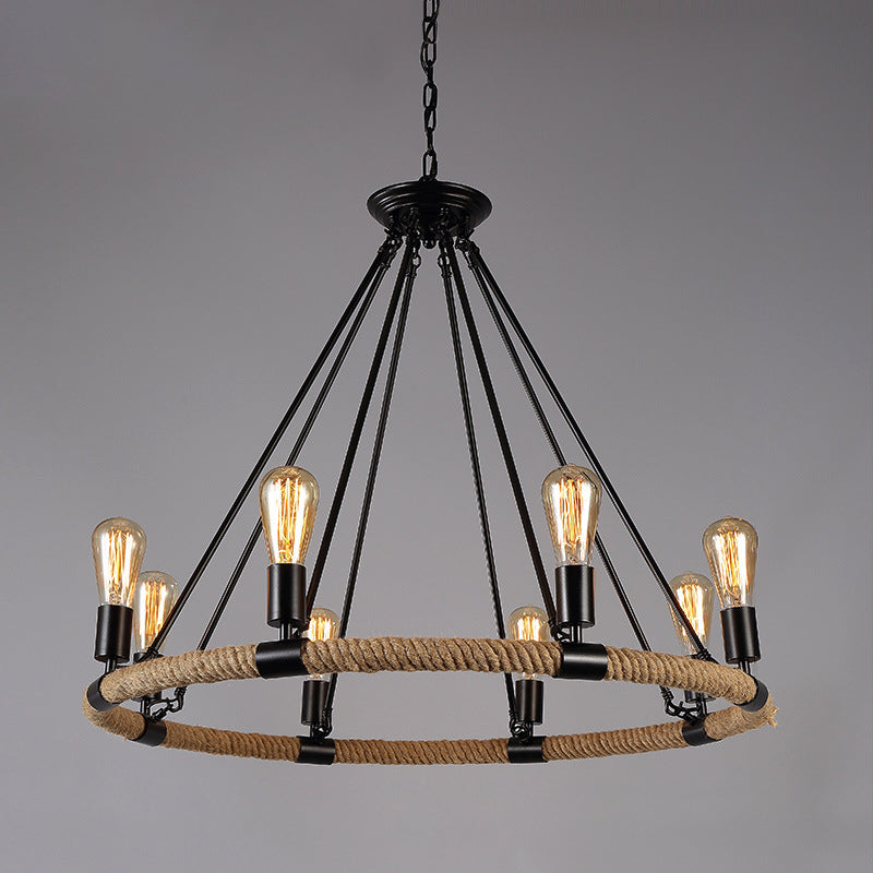 Black Metal Iron Frame Chandelier Retro Industrial Rope Circular Suspension Light for Dining Room Table