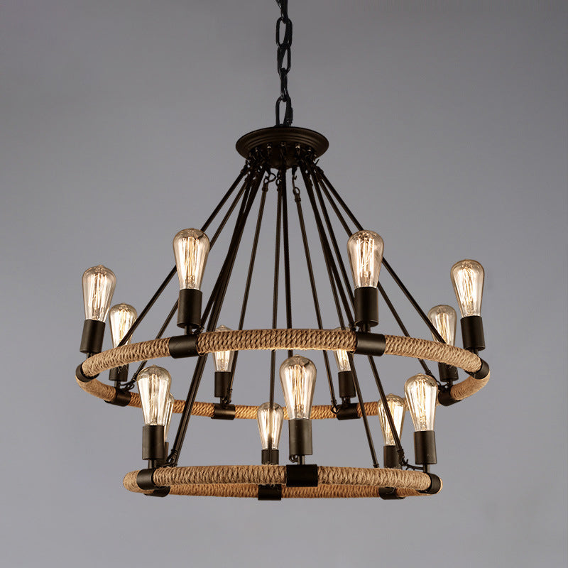 Black Metal Iron Frame Chandelier Retro Industrial Rope Circular Suspension Light for Dining Room Table