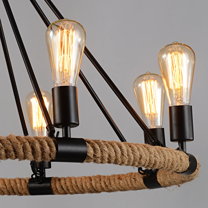 Black Metal Iron Frame Chandelier Retro Industrial Rope Circular Suspension Light for Dining Room Table