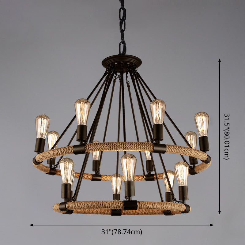 Black Metal Iron Frame Chandelier Retro Industrial Rope Circular Suspension Light for Dining Room Table