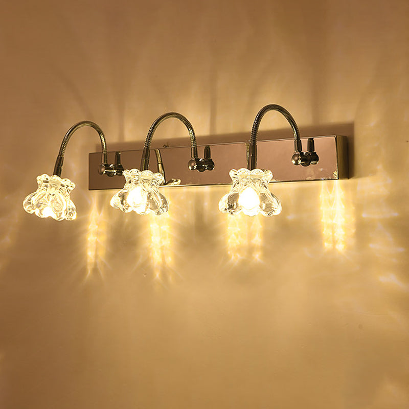 Pétalo Clear Glass tocador Ligera Luz de luz Moderna 3 luces Luces de pared de acabado plateado con brazo de cuello de cisne