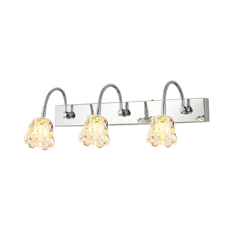 Pétalo Clear Glass tocador Ligera Luz de luz Moderna 3 luces Luces de pared de acabado plateado con brazo de cuello de cisne