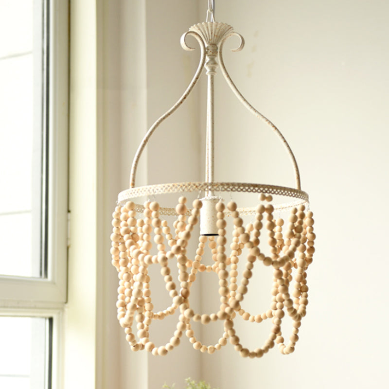 Houten kralen Pendulum hanger Country Style 1 lamp Wit plafondlamp met Iron Bellied vaashangend frame