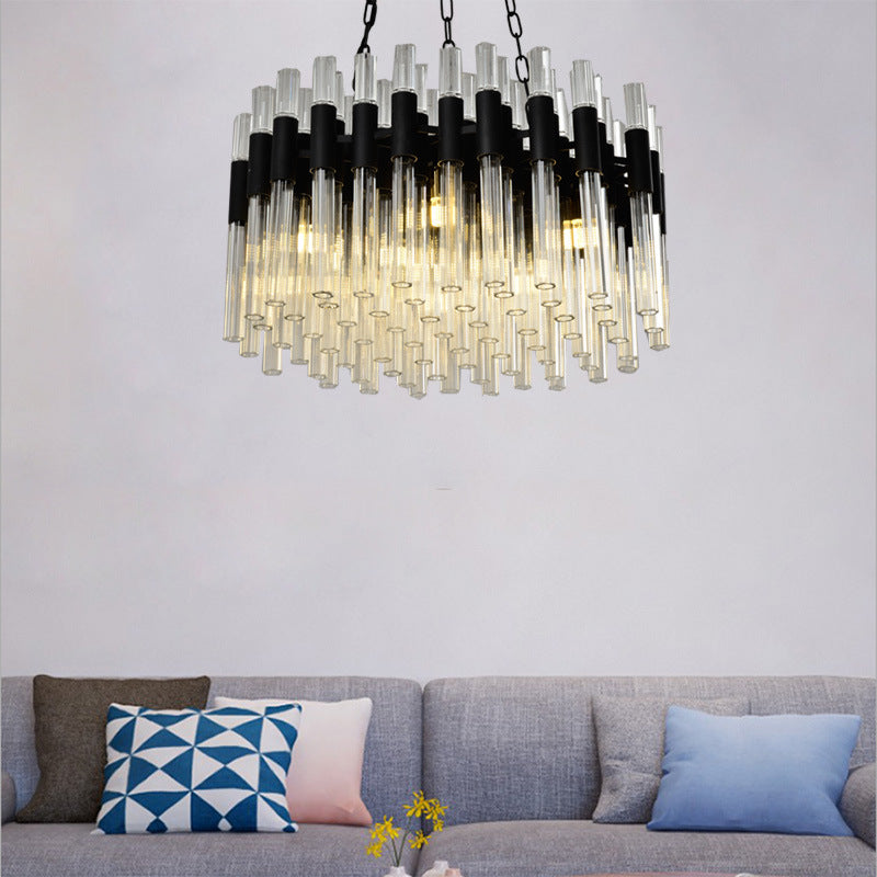 8 Lights Living Hanging Lamp Kit Modern Black Chandelier Light with Drum Fluted Crystal Shade