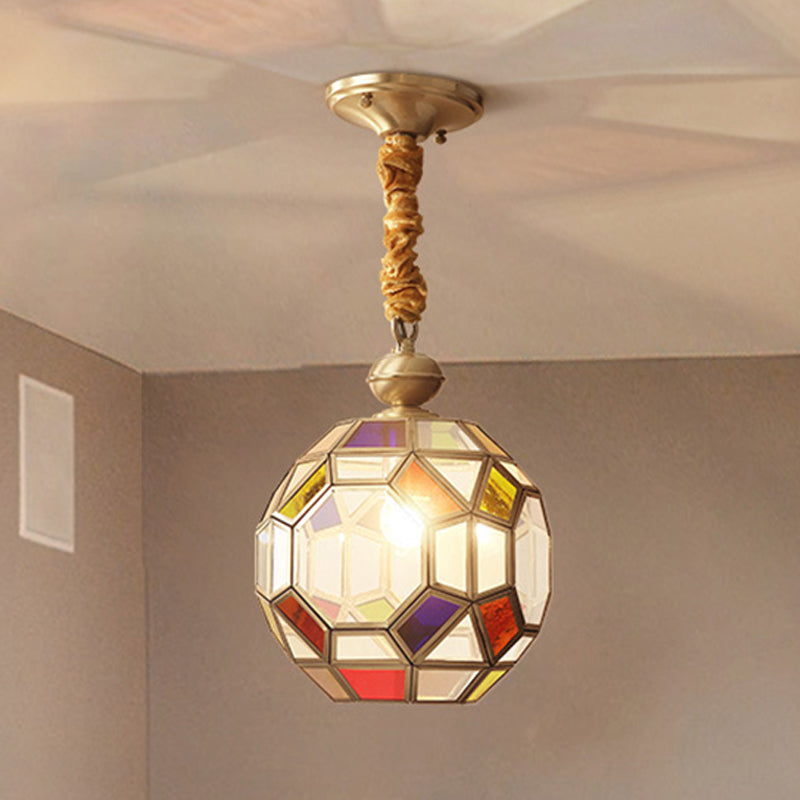 1 bulbe à facettes disco pendant pendentif en laiton colonial finition plafond avec une teinte en verre multicolore