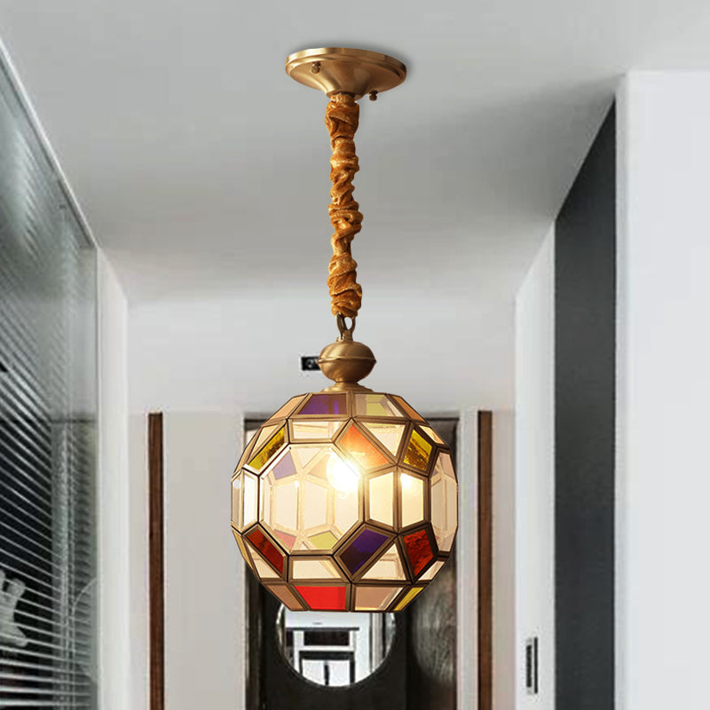 1 lampada a sospensione in ottone coloniale sfacciato con sfumatura sfaccettata con tonalità di vetro multicolore