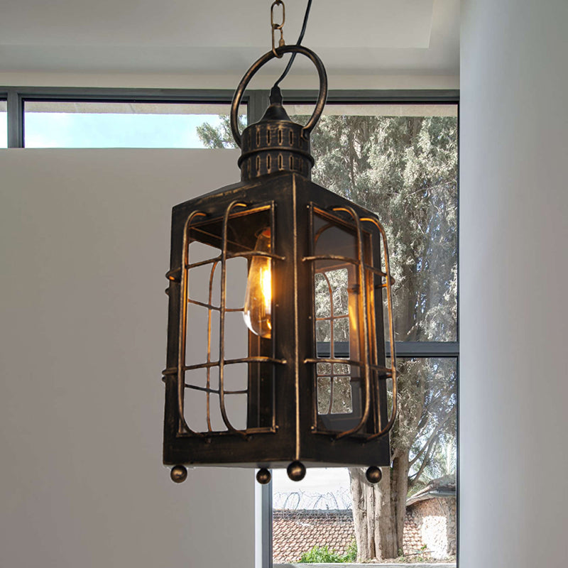 Traditional Lantern Hanging Ceiling Light 1 Light Metal Pendant Lamp in Rust for Indoor