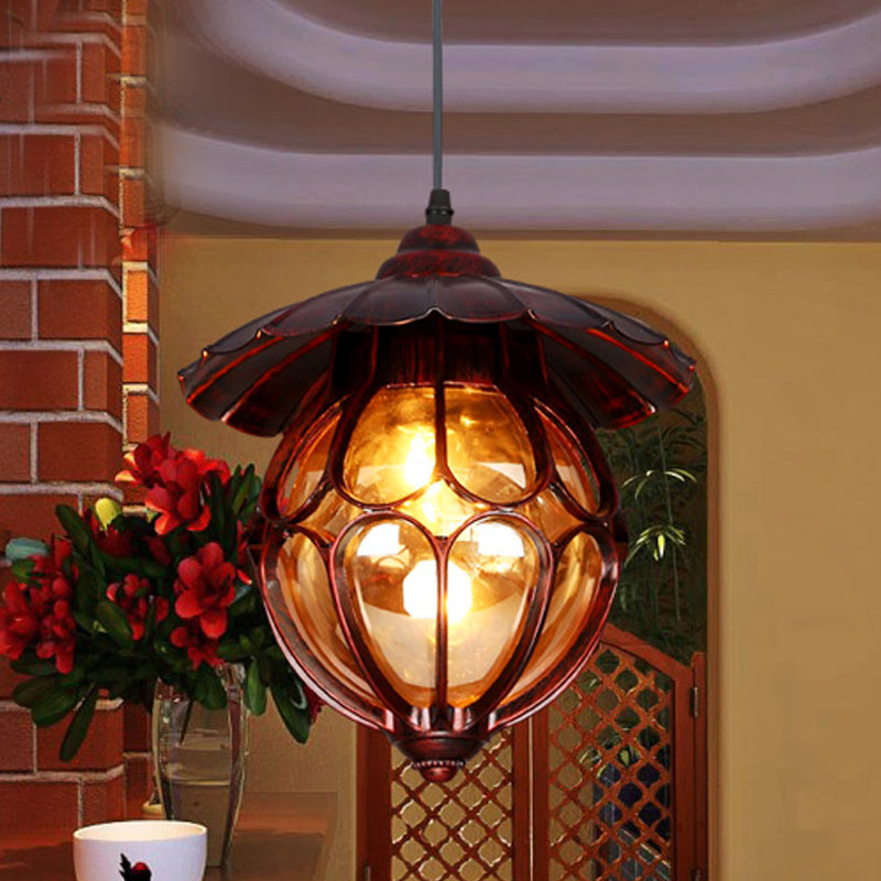 Farmhouse Globe Pendant Light 1 Light Amber Glass Suspension Lamp in Copper with Scalloped Deco