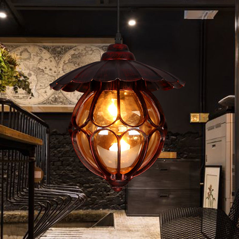 Farmhouse Globe Pendant Light 1 Light Amber Glass Suspension Lamp in Copper with Scalloped Deco