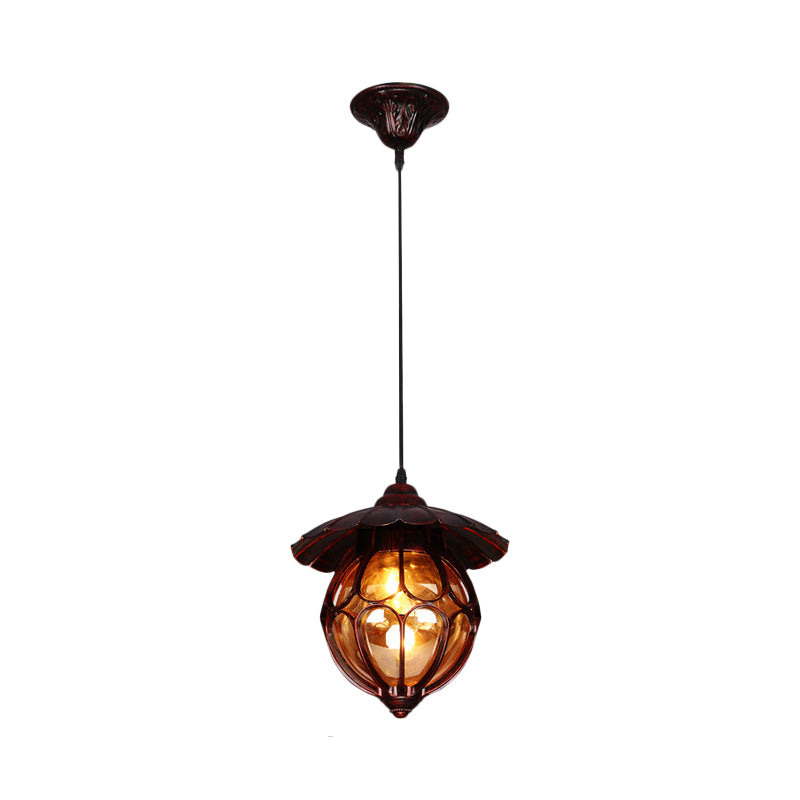 Farmhouse Globe Pendant Light 1 Light Amber Glass Suspension Lamp in Copper with Scalloped Deco