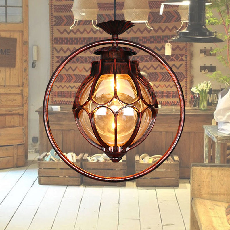 1 Light Suspension Lampada rustica in vetro ambra a sospensione Luce a sospensione in rame con anello di ferro