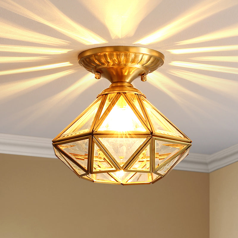 Full Brass European Style Ceiling Light with Glass Shade 1 Light Polyhedron Flush-mount Light for Bedroom