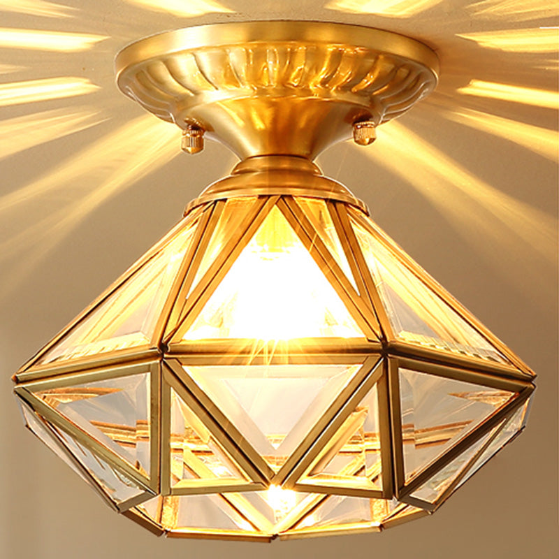 Light de plafond de style européen en laiton complet avec nuance en verre 1 lumière polyèdre luxuelle à monte pour chambre à coucher