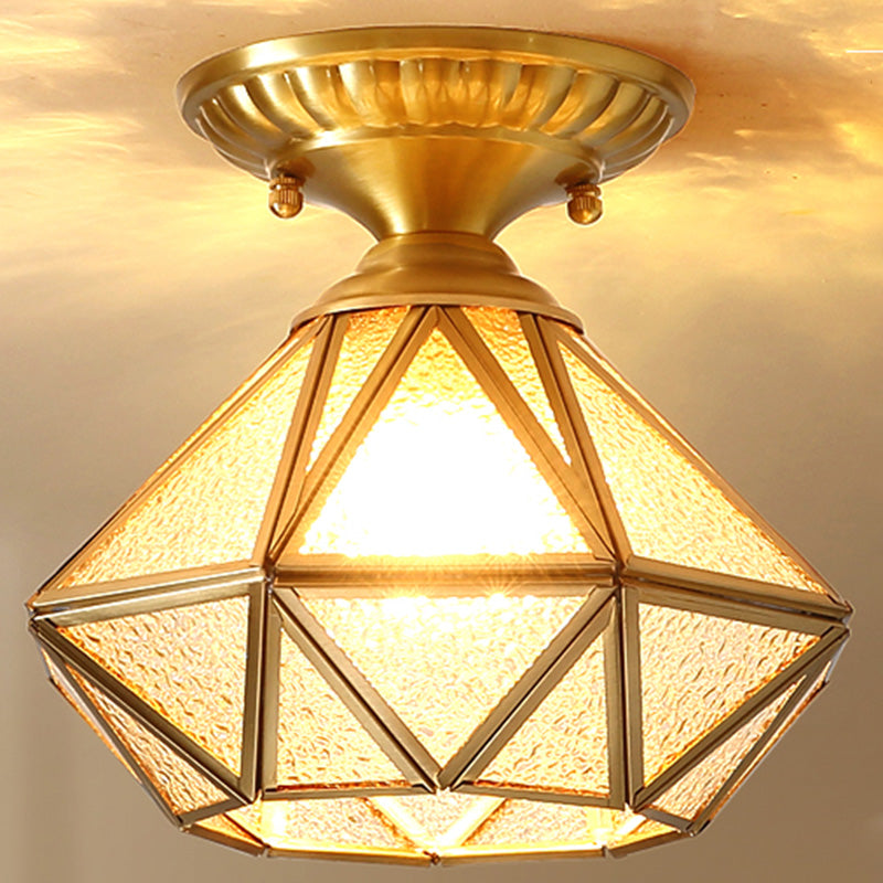 Full Brass European Style Ceiling Light with Glass Shade 1 Light Polyhedron Flush-mount Light for Bedroom