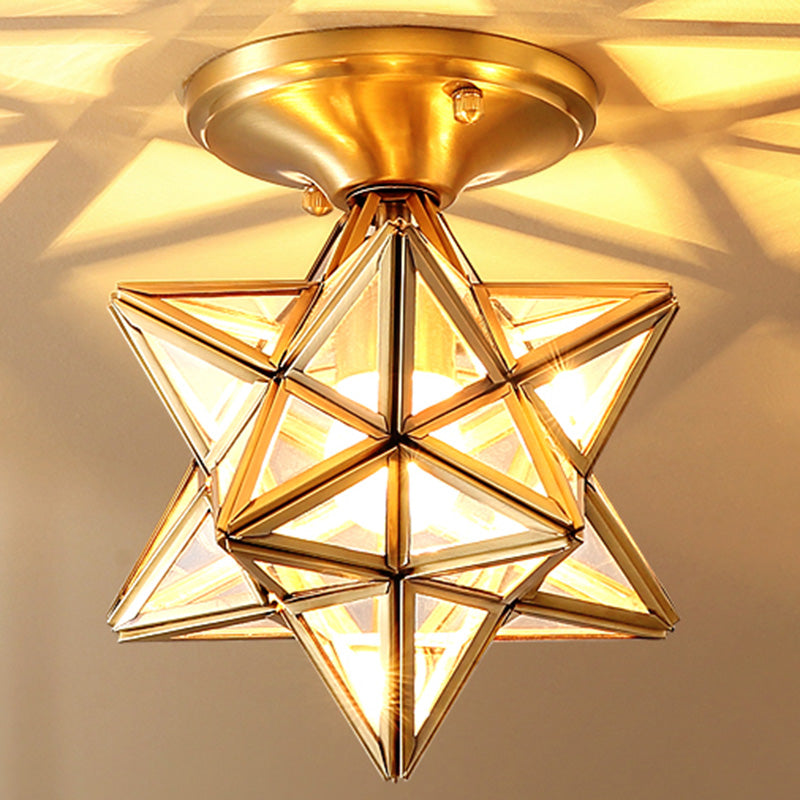 Full Brass European Style Ceiling Light with Glass Shade 1 Light Polyhedron Flush-mount Light for Bedroom