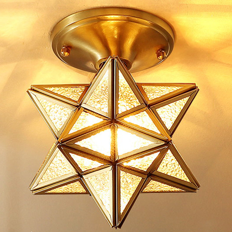 Full Brass European Style Ceiling Light with Glass Shade 1 Light Polyhedron Flush-mount Light for Bedroom