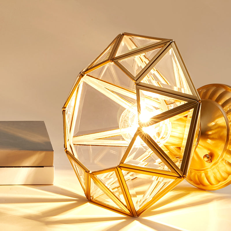 Full Brass European Style Ceiling Light with Glass Shade 1 Light Polyhedron Flush-mount Light for Bedroom