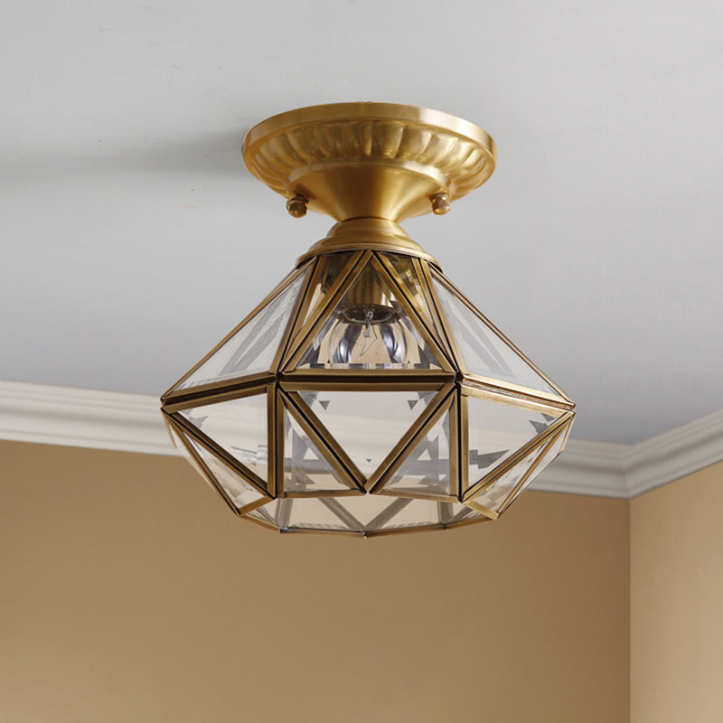 Light de plafond de style européen en laiton complet avec nuance en verre 1 lumière polyèdre luxuelle à monte pour chambre à coucher