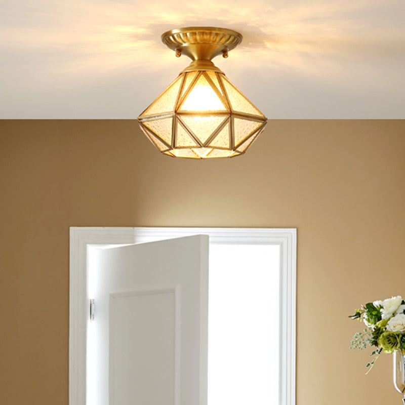 Light de plafond de style européen en laiton complet avec nuance en verre 1 lumière polyèdre luxuelle à monte pour chambre à coucher