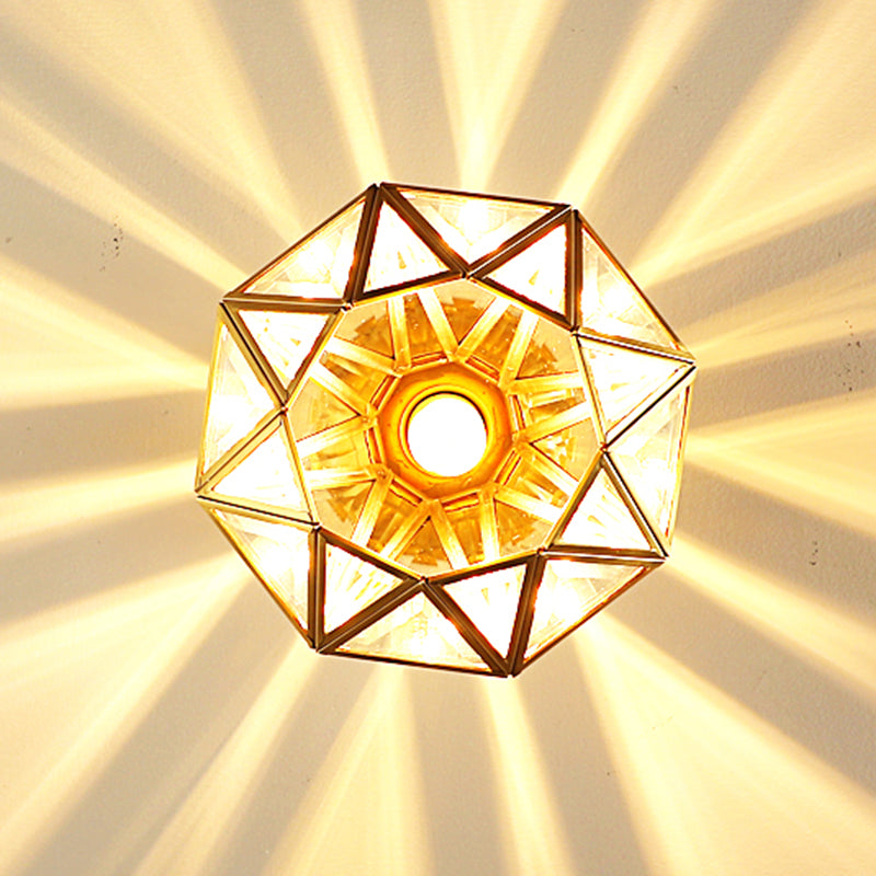 Light de plafond de style européen en laiton complet avec nuance en verre 1 lumière polyèdre luxuelle à monte pour chambre à coucher