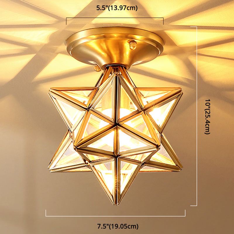 Light de plafond de style européen en laiton complet avec nuance en verre 1 lumière polyèdre luxuelle à monte pour chambre à coucher