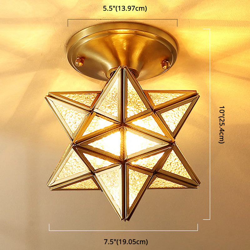 Light de plafond de style européen en laiton complet avec nuance en verre 1 lumière polyèdre luxuelle à monte pour chambre à coucher