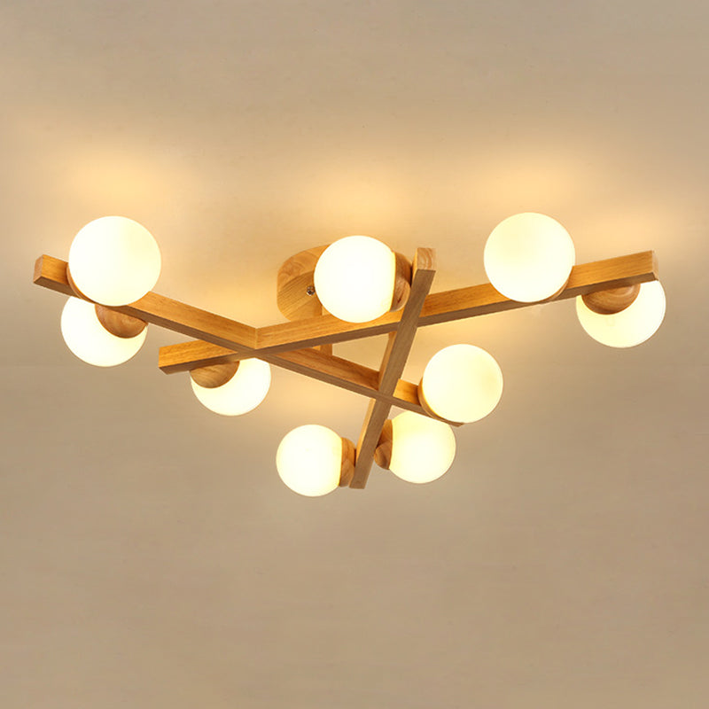 Wooden Crossed Lines Flush Mount Light Multi-bulbs Modern Wood Ceiling Light Fixture for Bedroom