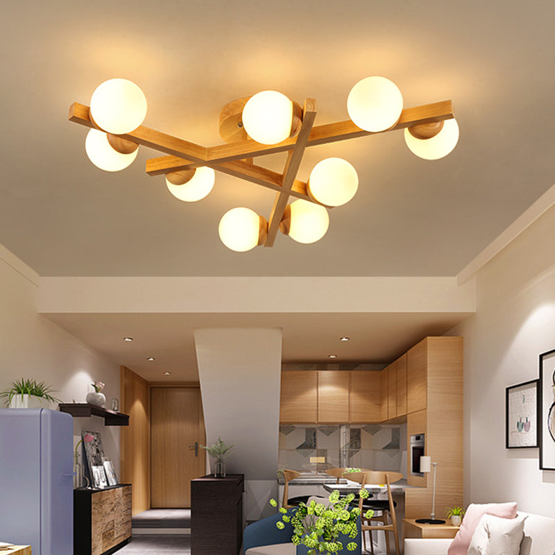 Wooden Crossed Lines Flush Mount Light Multi-bulbs Modern Wood Ceiling Light Fixture for Bedroom