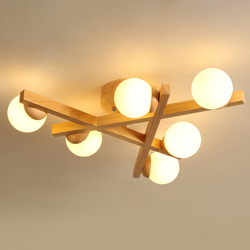 Wooden Crossed Lines Flush Mount Light Multi-bulbs Modern Wood Ceiling Light Fixture for Bedroom