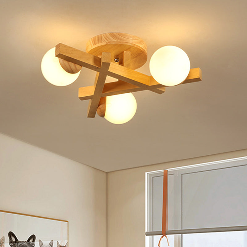 Wooden Crossed Lines Flush Mount Light Multi-bulbs Modern Wood Ceiling Light Fixture for Bedroom