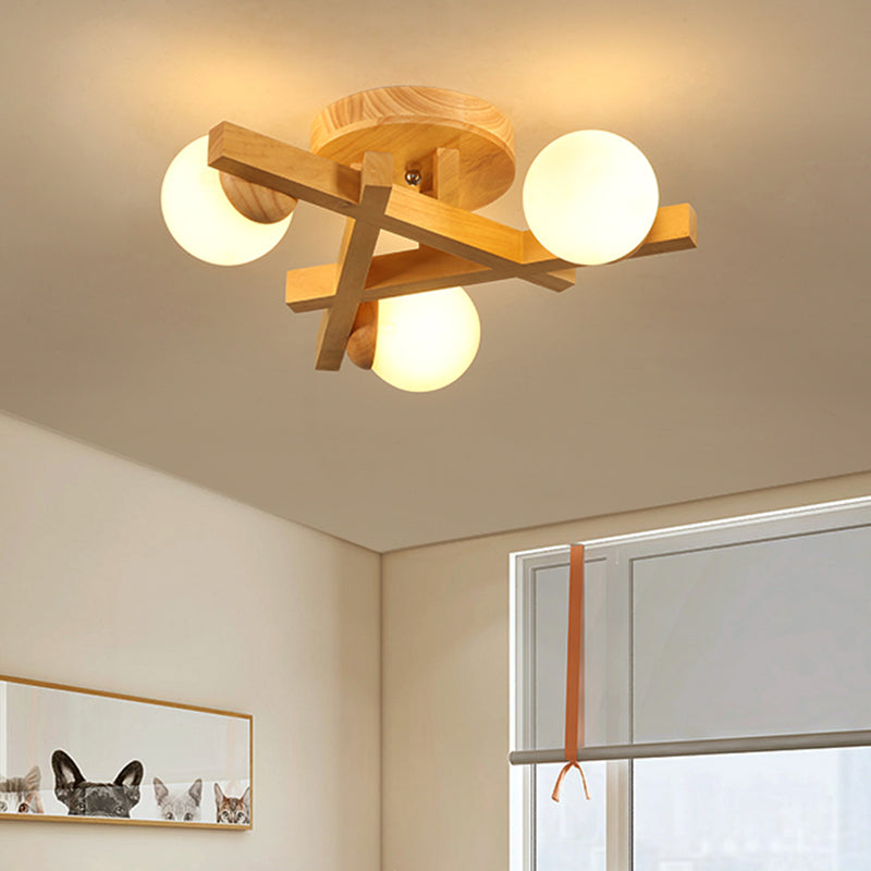 Wooden Crossed Lines Flush Mount Light Multi-bulbs Modern Wood Ceiling Light Fixture for Bedroom