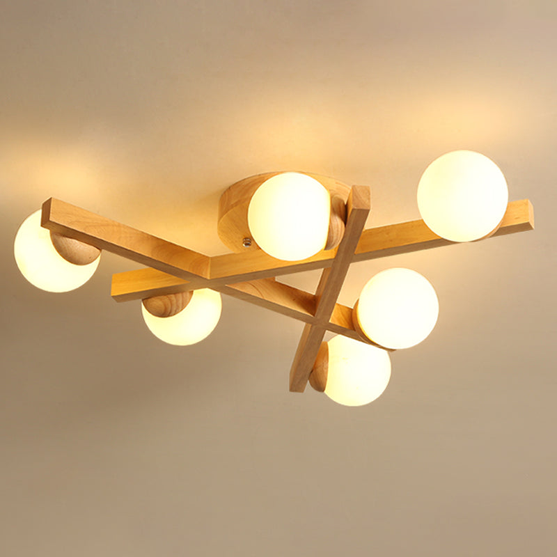 Wooden Crossed Lines Flush Mount Light Multi-bulbs Modern Wood Ceiling Light Fixture for Bedroom