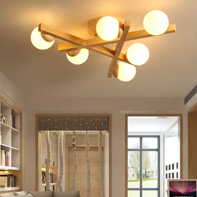 Wooden Crossed Lines Flush Mount Light Multi-bulbs Modern Wood Ceiling Light Fixture for Bedroom