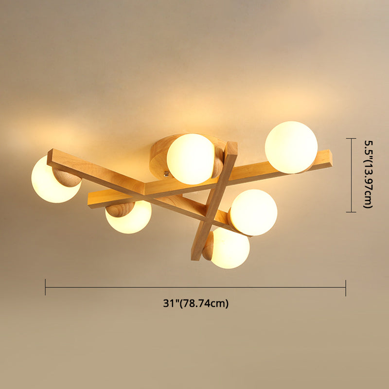 Wooden Crossed Lines Flush Mount Light Multi-bulbs Modern Wood Ceiling Light Fixture for Bedroom