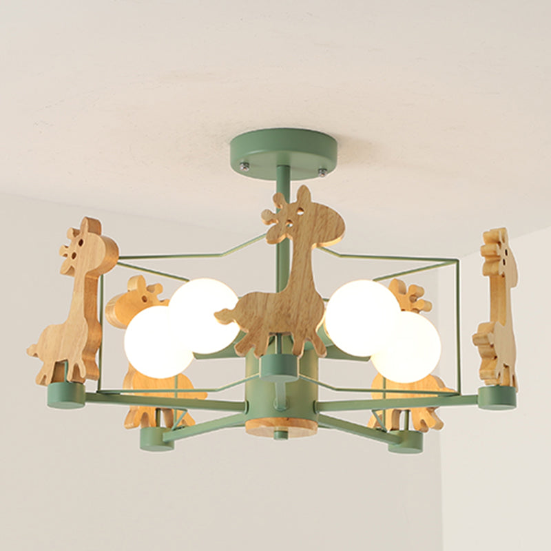 Wood Cartoon Giraffe Ceiling Light 5-lights Semi Flush Mount Light with Iron Frame Shade for Children Room Kindergarten