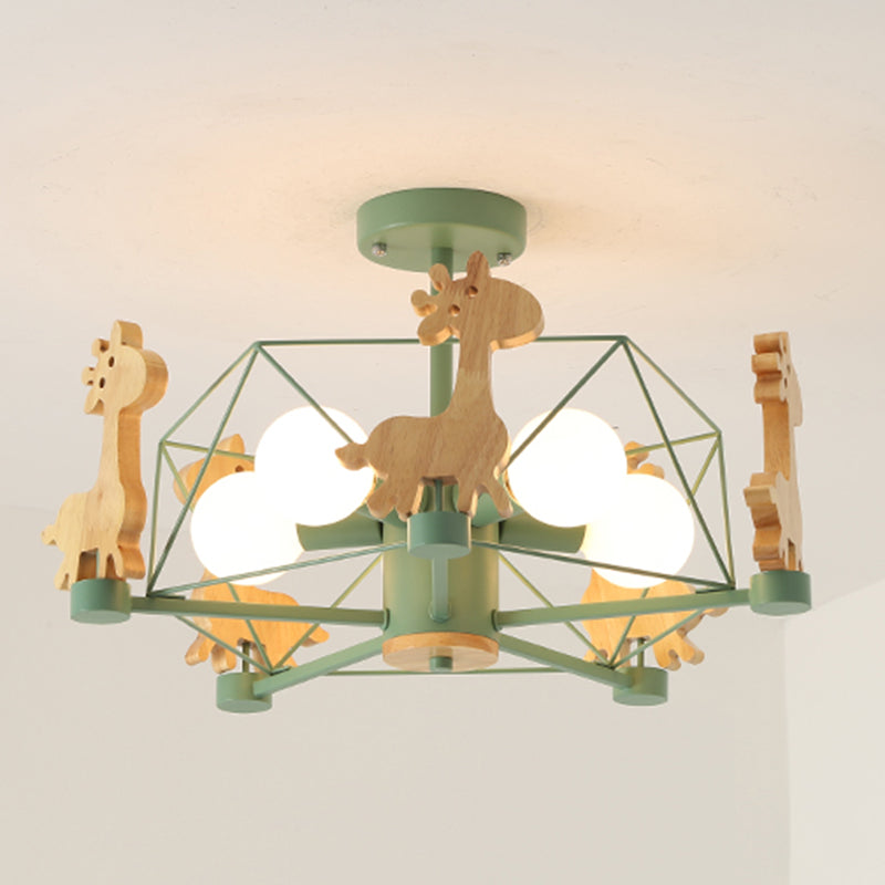 Wood Cartoon Giraffe Ceiling Light 5-lights Semi Flush Mount Light with Iron Frame Shade for Children Room Kindergarten