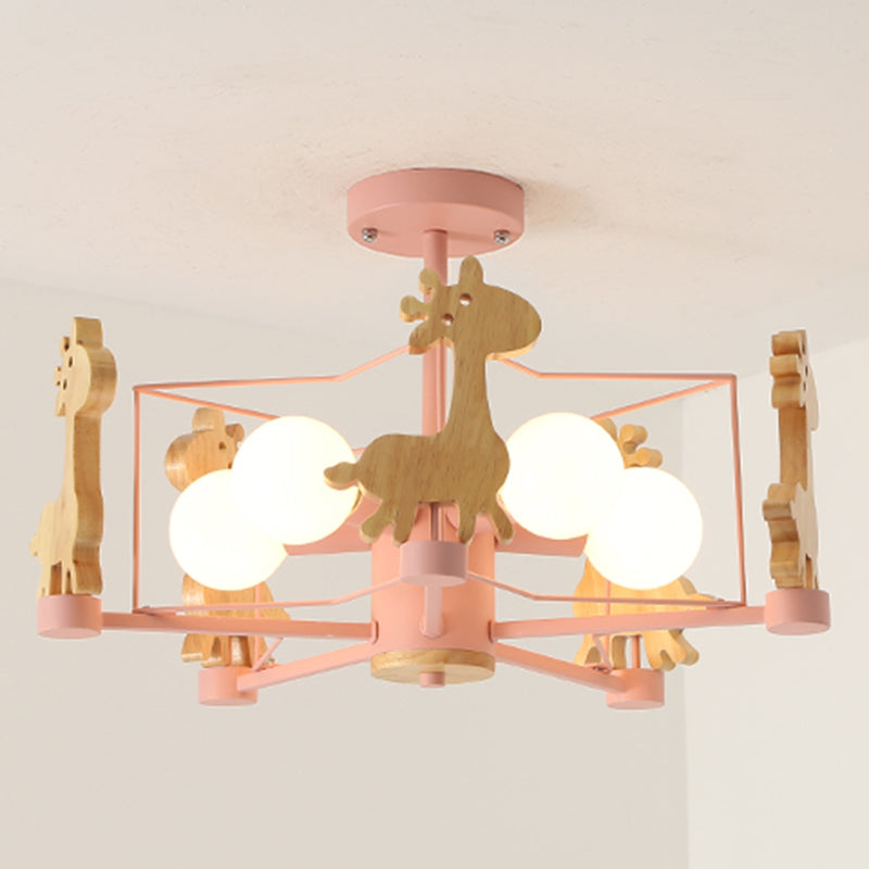 Wood Cartoon Giraffe Ceiling Light 5-lights Semi Flush Mount Light with Iron Frame Shade for Children Room Kindergarten