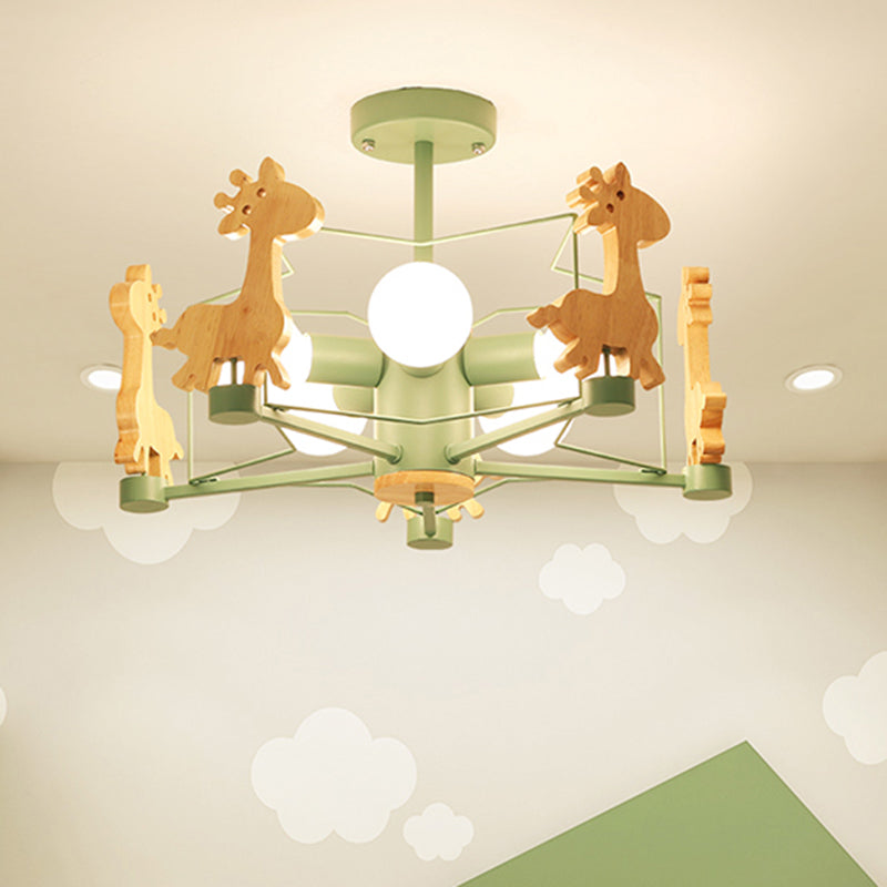 Wood Cartoon Giraffe Ceiling Light 5-lights Semi Flush Mount Light with Iron Frame Shade for Children Room Kindergarten