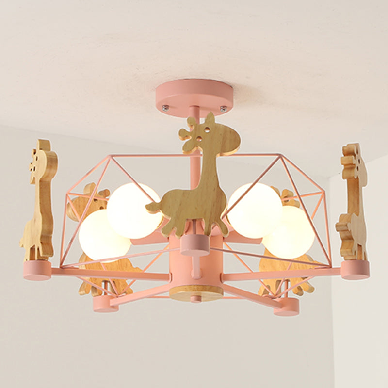 Wood Cartoon Giraffe Ceiling Light 5-lights Semi Flush Mount Light with Iron Frame Shade for Children Room Kindergarten