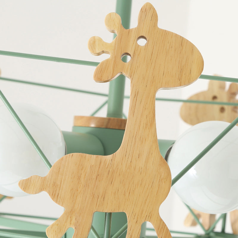 Holz Cartoon Giraffe Deckenleuchte 5-Leichtstoffe Halbblöde Halbmontage Licht mit Eisenrahmen Schatten für Kinder Zimmer Kindergarten