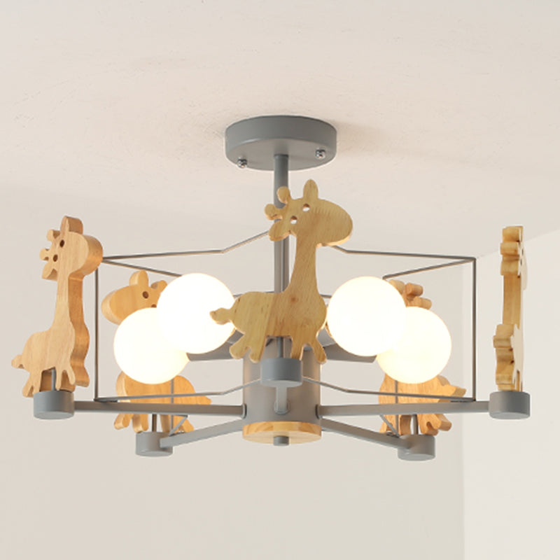 Wood Cartoon Giraffe Ceiling Light 5-lights Semi Flush Mount Light with Iron Frame Shade for Children Room Kindergarten