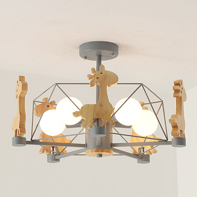 Wood Cartoon Giraffe Ceiling Light 5-lights Semi Flush Mount Light with Iron Frame Shade for Children Room Kindergarten