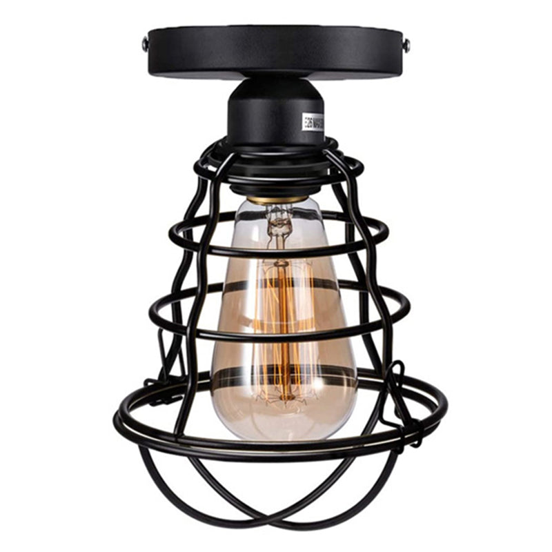 Retro Industrial Style Ceiling Light with Metal Frame Shade Wrought Iron Flush-mount Lamp in Black