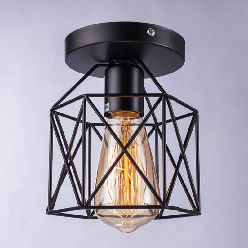 Retro Industrial Style Ceiling Light with Metal Frame Shade Wrought Iron Flush-mount Lamp in Black